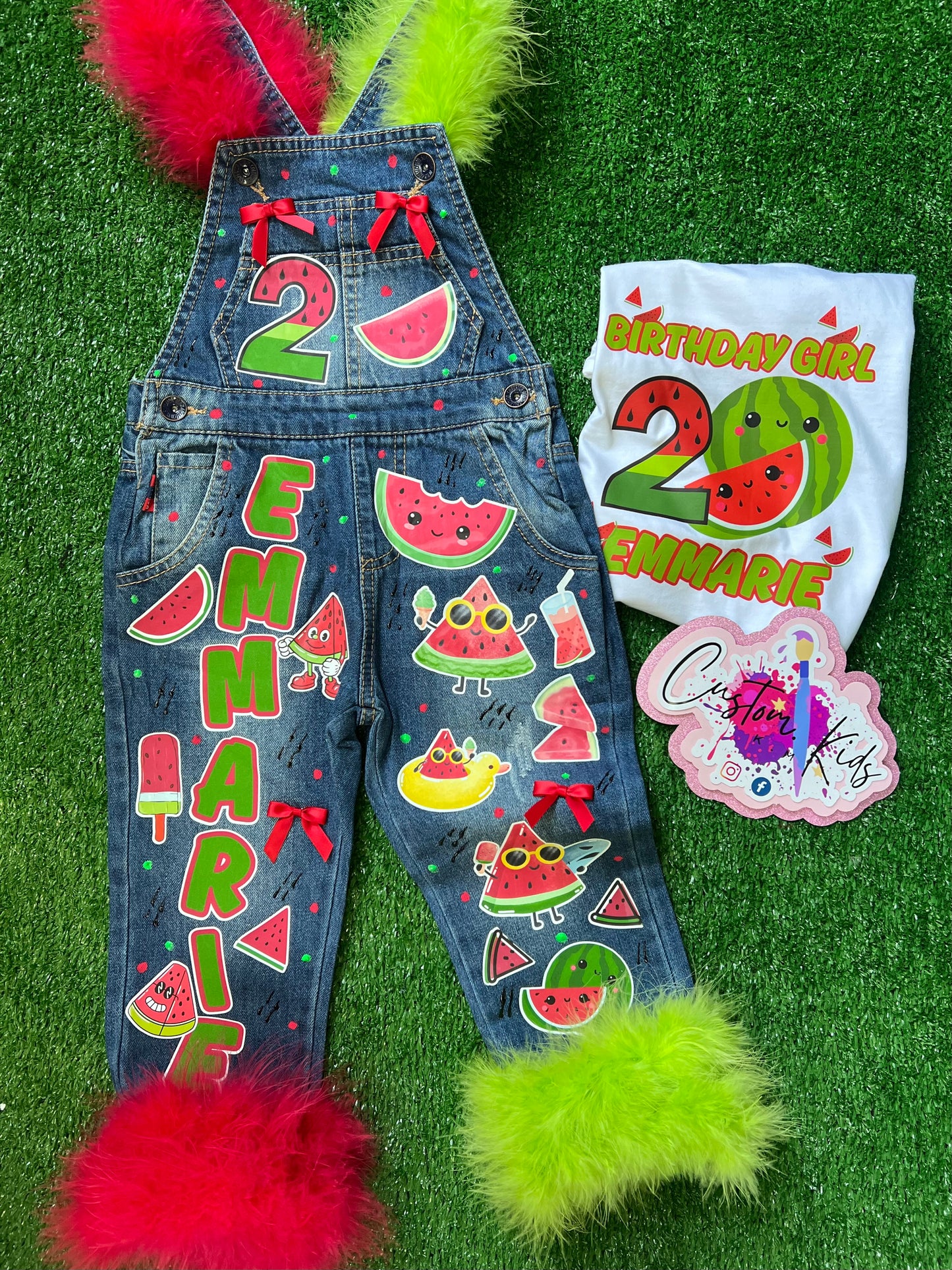Custom jean overall set with matching white shirt