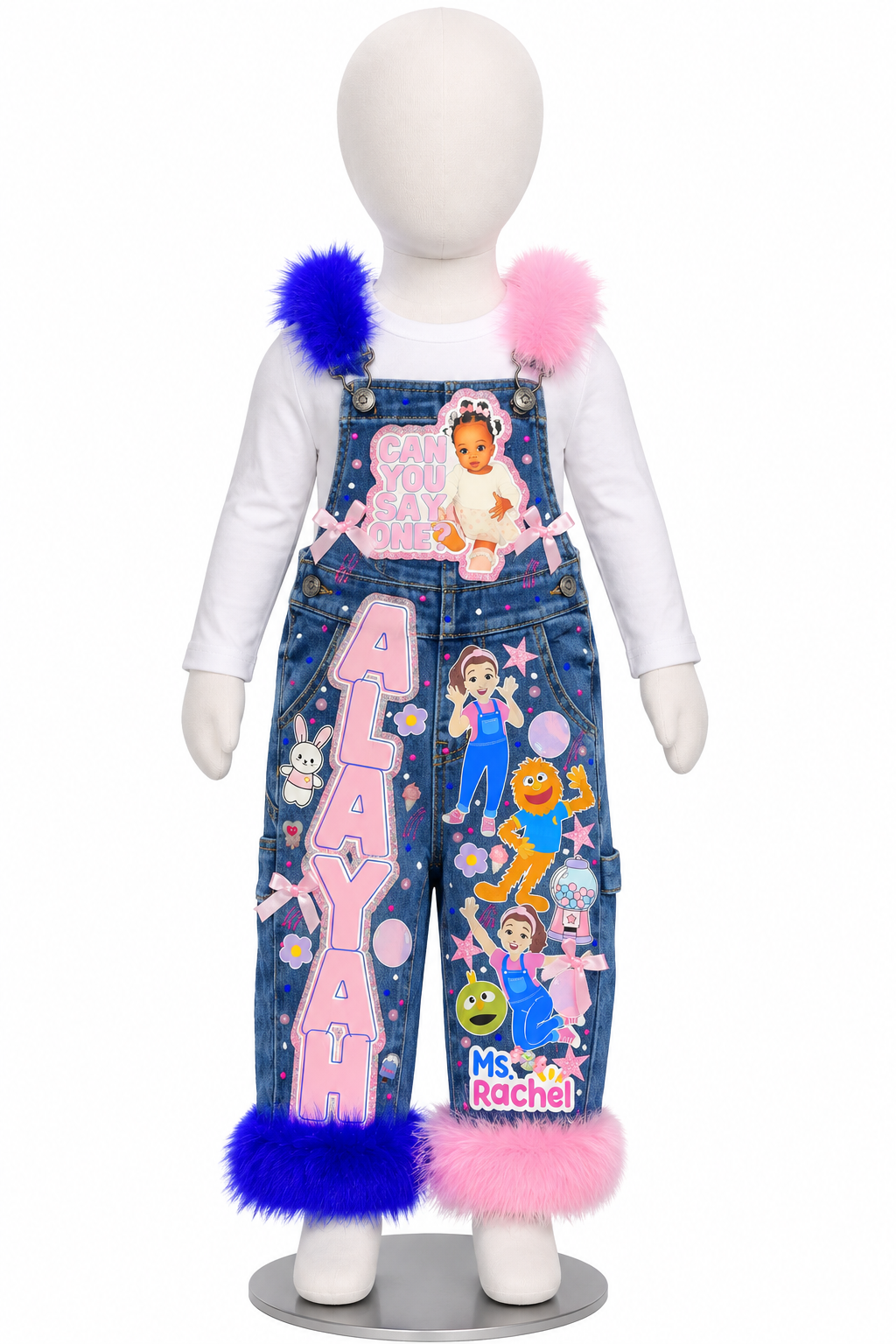 Custom jean overall set with matching white shirt